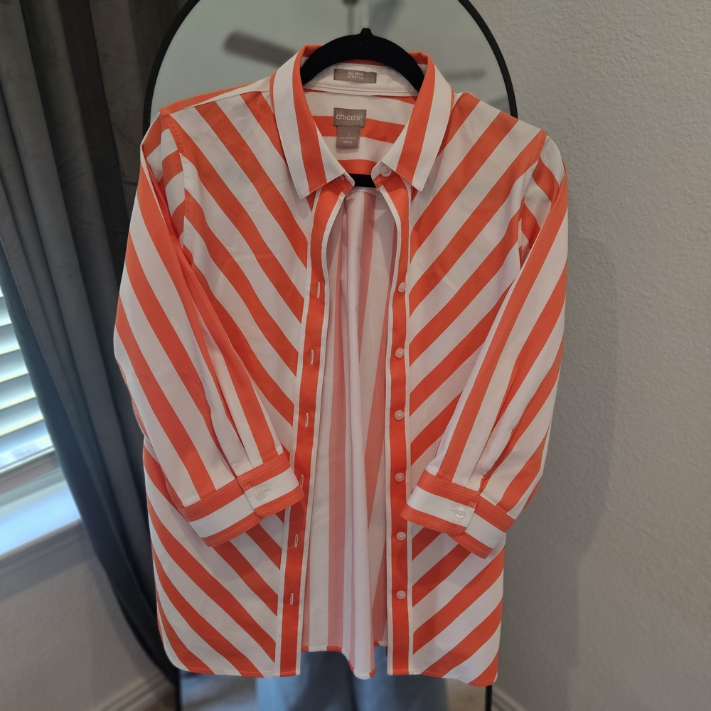 Chico's Diagonal Striped Blouse in Orange and White